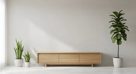 Fiddle Leaf Fig and Snake Plant in Pots on Modern Minimalist Interior Design