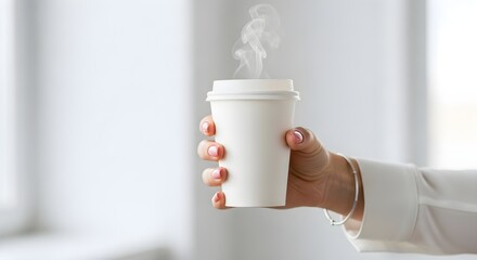 Hand Holding a Steaming Hot White Cup of Coffee Against a Bright Background