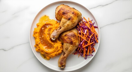 Roasted Chicken Dinner with Mashed Sweet Potatoes and Colorful Slaw on Plate