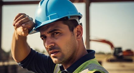Portrait of Construction Worker Sweating while Working on the Construction Site