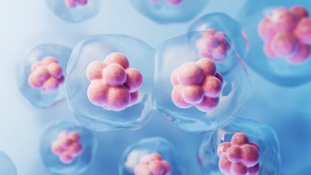 Abstract microscopic view of cells dividing in an organic environment on a light blue background scientific motion background