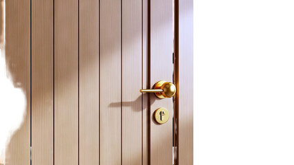 Close-up of a wooden door with a brass doorknob and lock