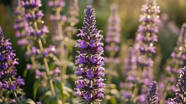 Delicate purple anise hyssop flowers blooming in sunlight, a fragrant herb for gardens and natural settings