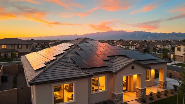 Exterior View of Tan House with Solar Panels on Roof at Sunset with Mountain View and Colorful Sky in Residential Neighborhood