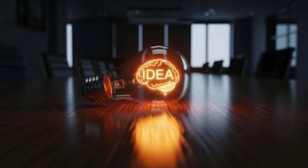 Lightbulb Glowing with Idea Concept on Meeting Table for Innovation