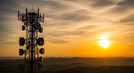 Telecommunication Tower at Sunset Providing Mobile Network and Internet Connectivity