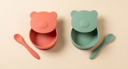 Two Silicone Baby Bowls with Lids and Spoons in Soft Pastel Colors