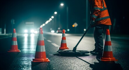Worker Performing Maintenance on Road with Traffic Cones at Night