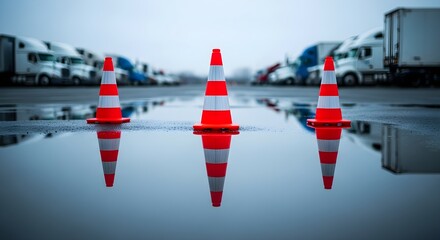 Three Traffic Cones Reflected in Puddles on Asphalt with Semi-Trucks in Background