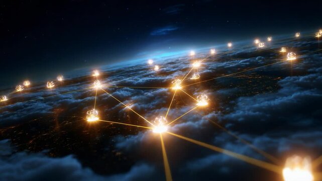 A Stunning Visualization of Global Connectivity: Illuminated Nodes and Data Flow Above the Clouds at Night, Highlighting the Interconnectedness of Modern Technology in an Expansive Digital Network