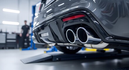 Chrome Exhaust System of a Modern Sports Car on a Ramp in Auto Repair Shop