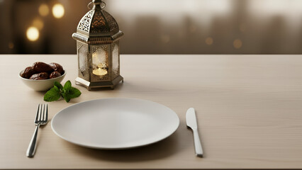 Elegant table setting with lantern and plate for a romantic dinner or special occasion