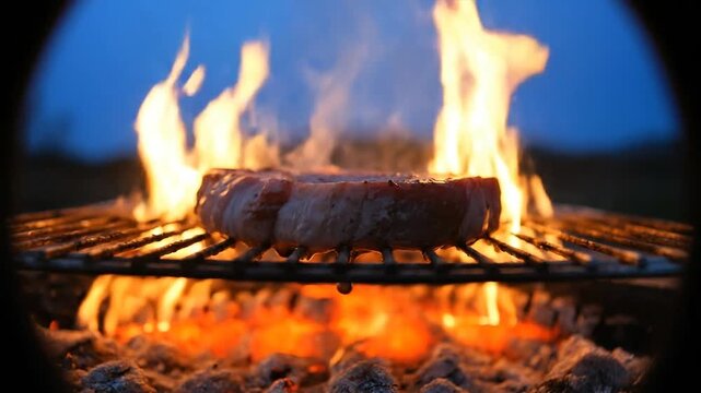 A ribeye steak cooks over an open flame on a grill, surrounded by burning beef fat and embers at dusk.
