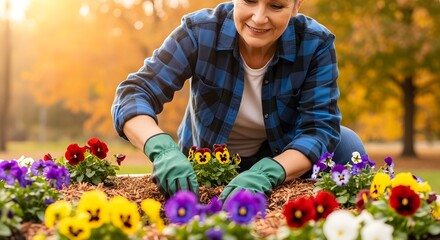 Woman Gardening Outdoors Planting Colorful Pansies in a Raised Flower Bed in Autumn