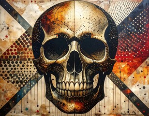 Artistic, abstract depiction of a human skull with colorful geometric patterns