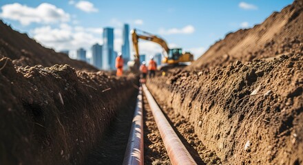 Installing Water Pipes in Trench with Construction Equipment and City Skyline
