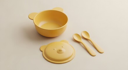 Bear Themed Children's Tableware Set with Bowl, Lid, and Spoons on Beige Background