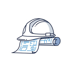 Fototapeta premium Construction Hard Hat and Rolled Blueprints Icon. Engineering Planning and Architectural Design Sketch Illustration.