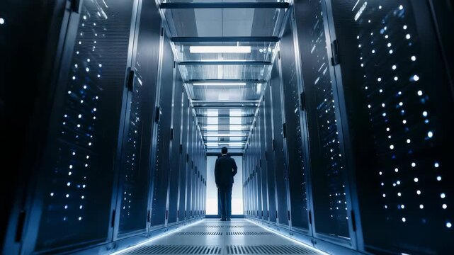 A lone figure stands in a futuristic data center corridor, surrounded by glowing server racks and advanced technology. The atmosphere is modern, secure, and highly digital