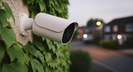 Surveillance Camera Mounted on a Wall Covered in Ivy Enhances Security in Neighborhood