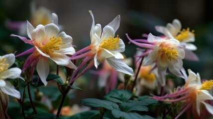 Fototapeta premium Delicate white and pink aquilegia flowers in a lush green garden