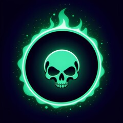 Eerie skull icon with green flame border, perfect for Halloween designs, gaming logos, or dark fantasy art projects, creating a spooky and mysterious vibe