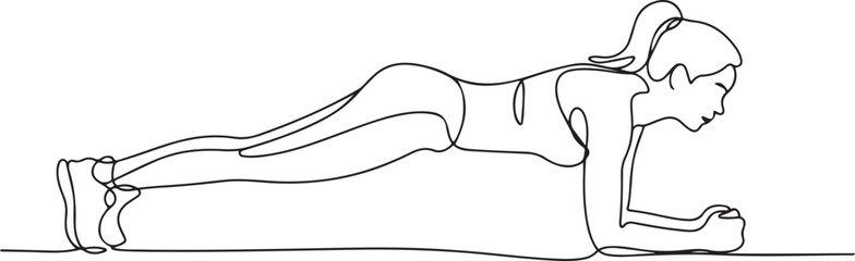 Single continuous line drawing of young happy woman exercising doing elbow plank to strengthen body in sport center gym club. Training fitness concept. one line Icon drawing