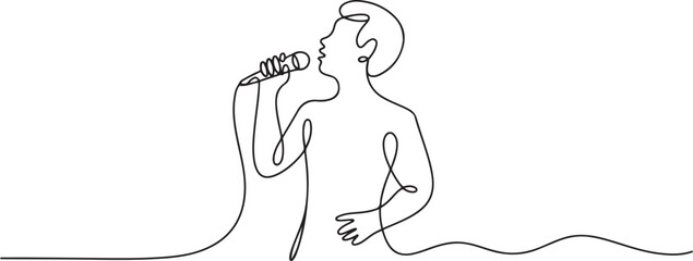 Continuous one line drawing singer using microphone. Karaoke people sings the song to microphone. Stand up comedian holding microphone in his hand. one line Icon drawing