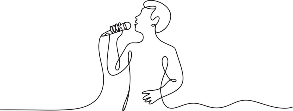 Continuous one line drawing singer using microphone. Karaoke people sings the song to microphone. Stand up comedian holding microphone in his hand. one line Icon drawing