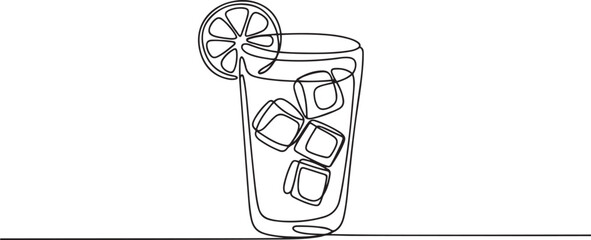 Single continuous line drawing of fresh stylized lemonade ice with sliced lemon. Restaurant drink menu concept. Modern one line draw design. one line Icon drawing
