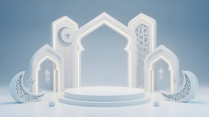 Elegant 3D render of an Islamic display podium with mosque arches, crescent moons, and stars, perfect for Ramadan or Eid product presentations and festive backgrounds