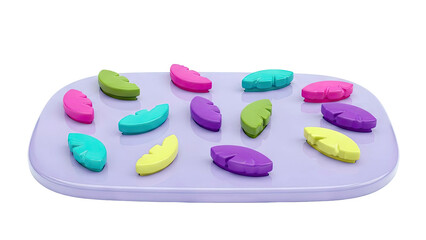 Colorful leaf-shaped candy pieces on a purple tray
