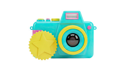 Retro Teal Camera with Yellow Star Badge