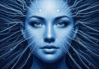 Futuristic human face with glowing neural lines and electric energy patterns representing artificial intelligence advanced cognition and digital consciousness on dark background