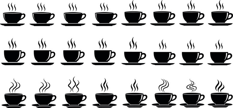 Collection of steaming black coffee cup silhouettes and icons vector illustration set for cafe menus and logos