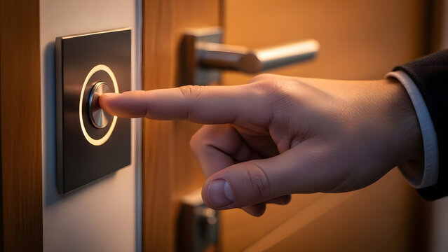 Finger Pressing a Modern Illuminated Door Button