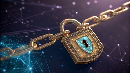 Gold chain with lock and keyhole pendant on a dark blue background with network connections