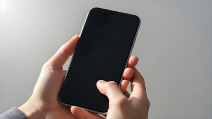 Close-up of hands holding a modern smartphone with a blank screen, ready for interaction and digital engagement in a minimalist setting