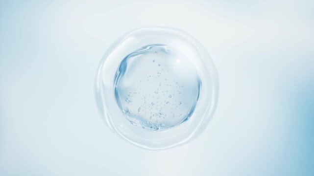 Microscopic water droplet or cosmetic ingredient capsule slowly pulsating on a clean light blue background loop