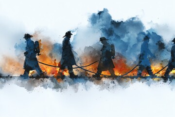 Obraz premium Expressive watercolor splatter art of firefighters walking in formation with hoses and helmets