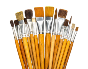 Assortment of professional paint brushes for artists and hobbyists, isolated on clean white or transparent background, PNG