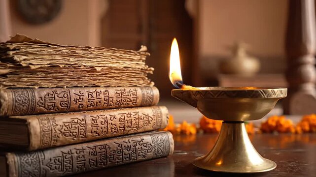 Stacked ancient vedic texts illuminated by a burning brass oil lamp for spiritual study