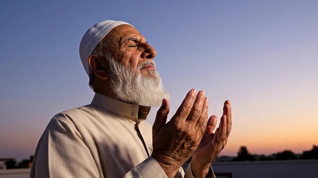 Elderly Muslim man praying outdoors at sunset,spiritual,dusk