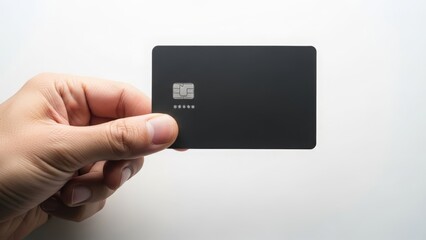 Hand holding a bank card on a clean white surface, highlighting secure and modern financial transactions in a minimalist, professional style