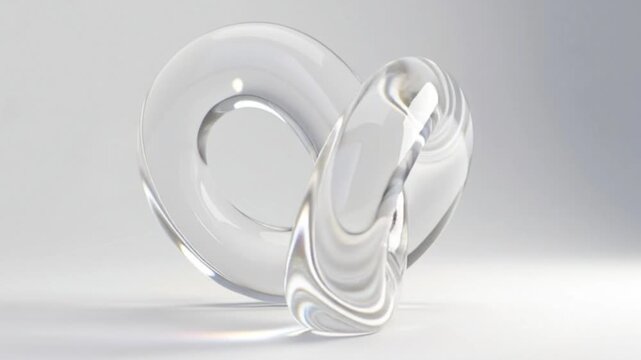 Abstract glass sculpture with flowing curves and transparent shapes on a white surface viewed from a slight angle