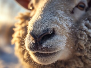 Macro close-up of a sheep nose with curly wool edge in frame