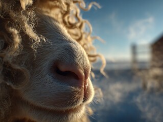 Macro close-up of a sheep nose with curly wool edge in frame