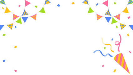 紙吹雪、ガーランド、パーティークラッカーのデコレーションフレーム、16:9サイズ
