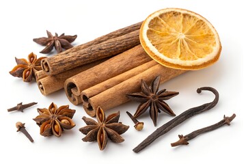 Assortment of warm aromatic holiday spices including cinnamon sticks star anise cloves vanilla pods and a dried orange slice for baking and mulled drinks