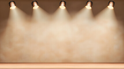 Well-lit stage with four spotlights illuminating textured background, creating warm atmosphere
